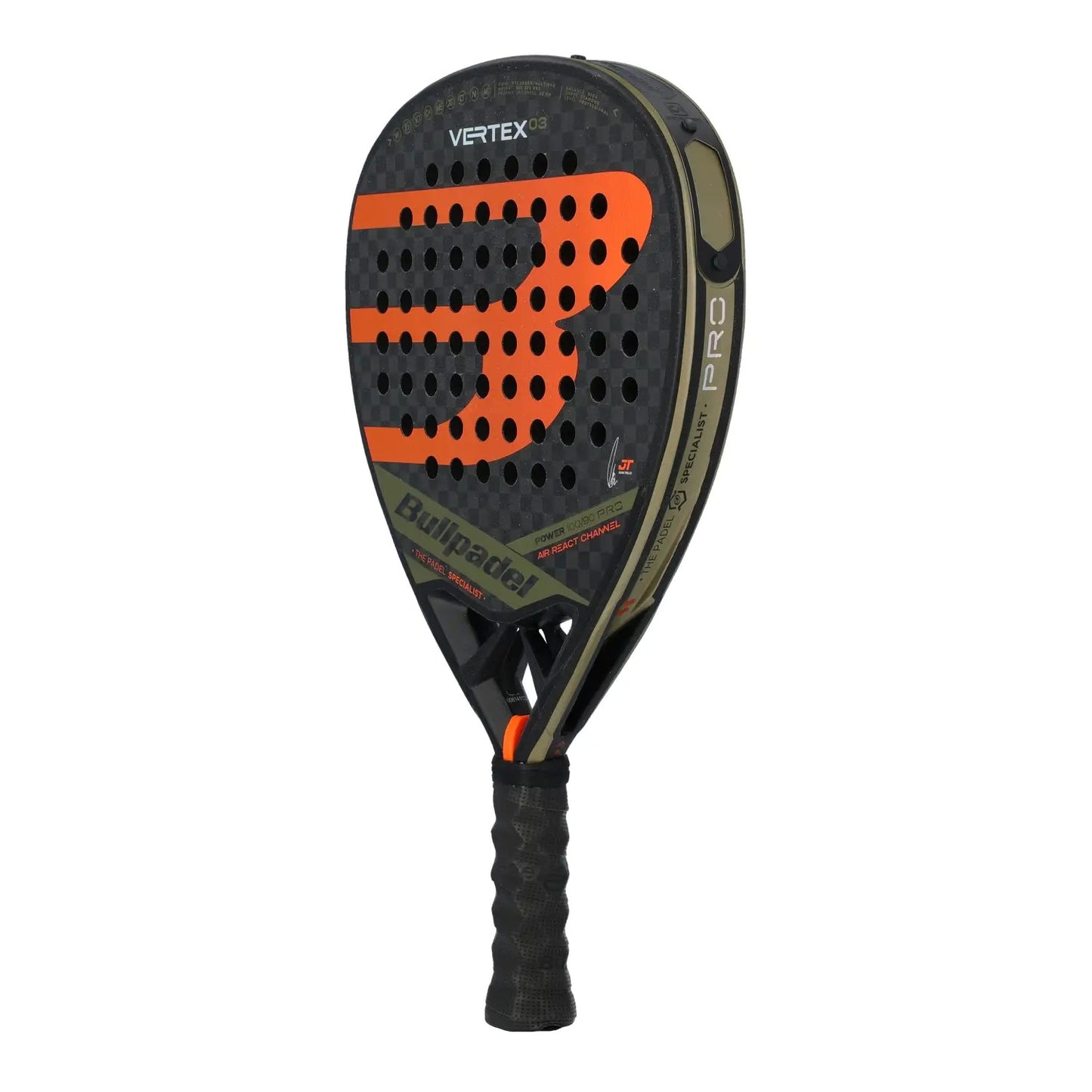 Side profile of the Bullpadel vertex padel racket in orange and black.