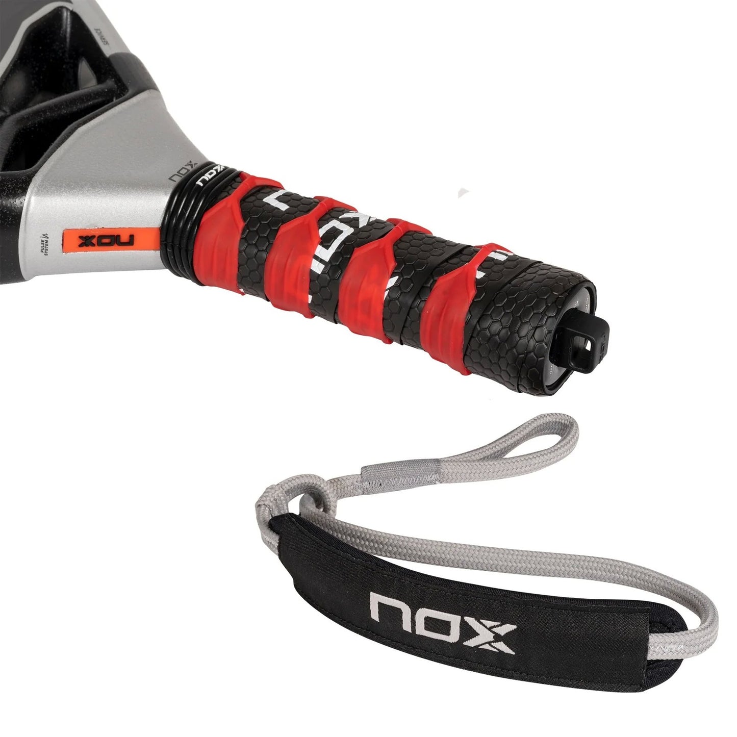 Handle of the Nox at10 genius 18k padel racket in white and black.