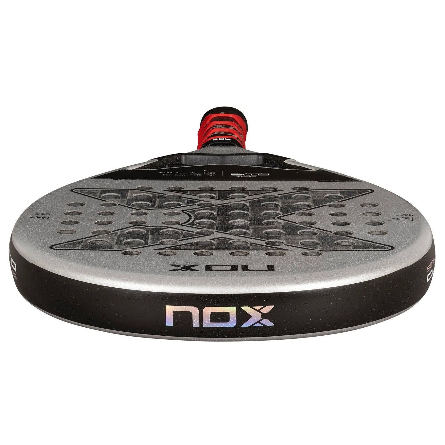Top view of the Nox at10 genius 18k padel racket in white and black.