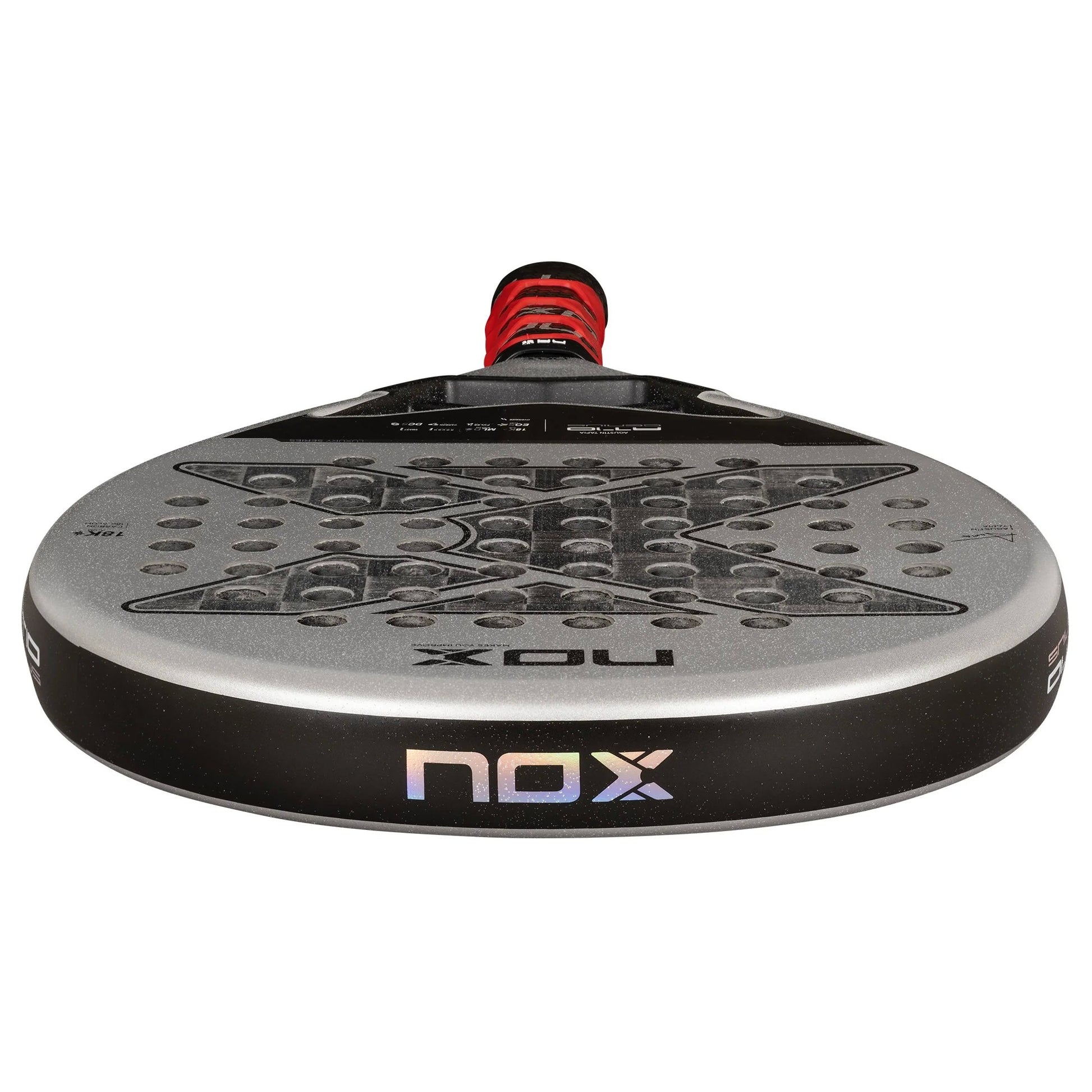 Top view of the Nox at10 genius 18k padel racket in white and black.