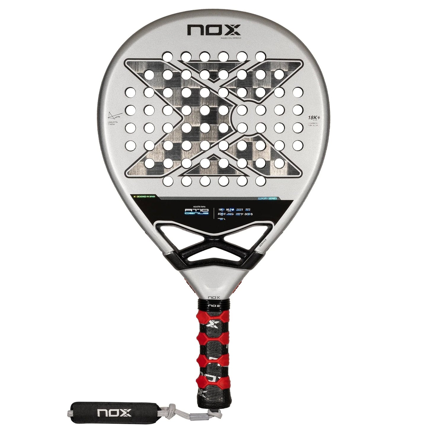 Front view of the Nox at10 genius 18k padel racket in white and black.