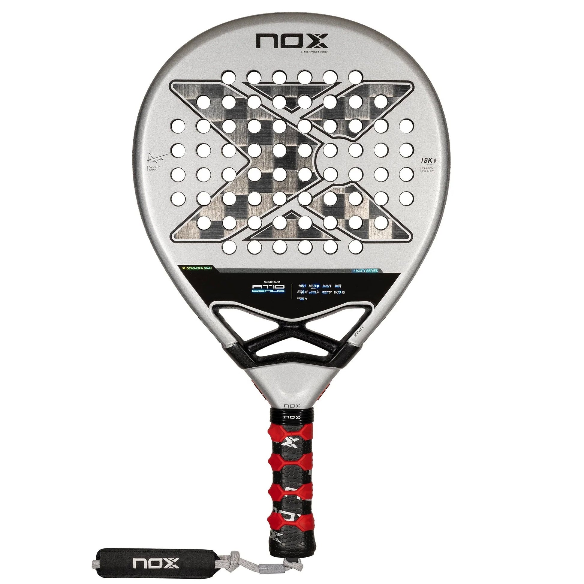Front view of the Nox at10 genius 18k padel racket in white and black.