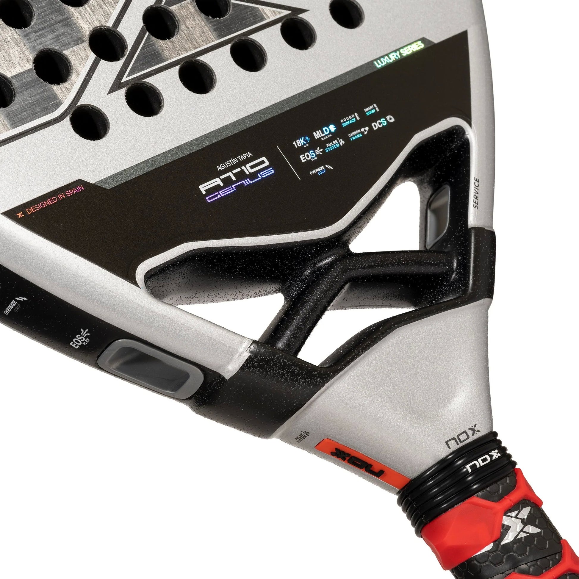 Middle up-close view of the Nox at10 genius 18k padel racket in white and black.