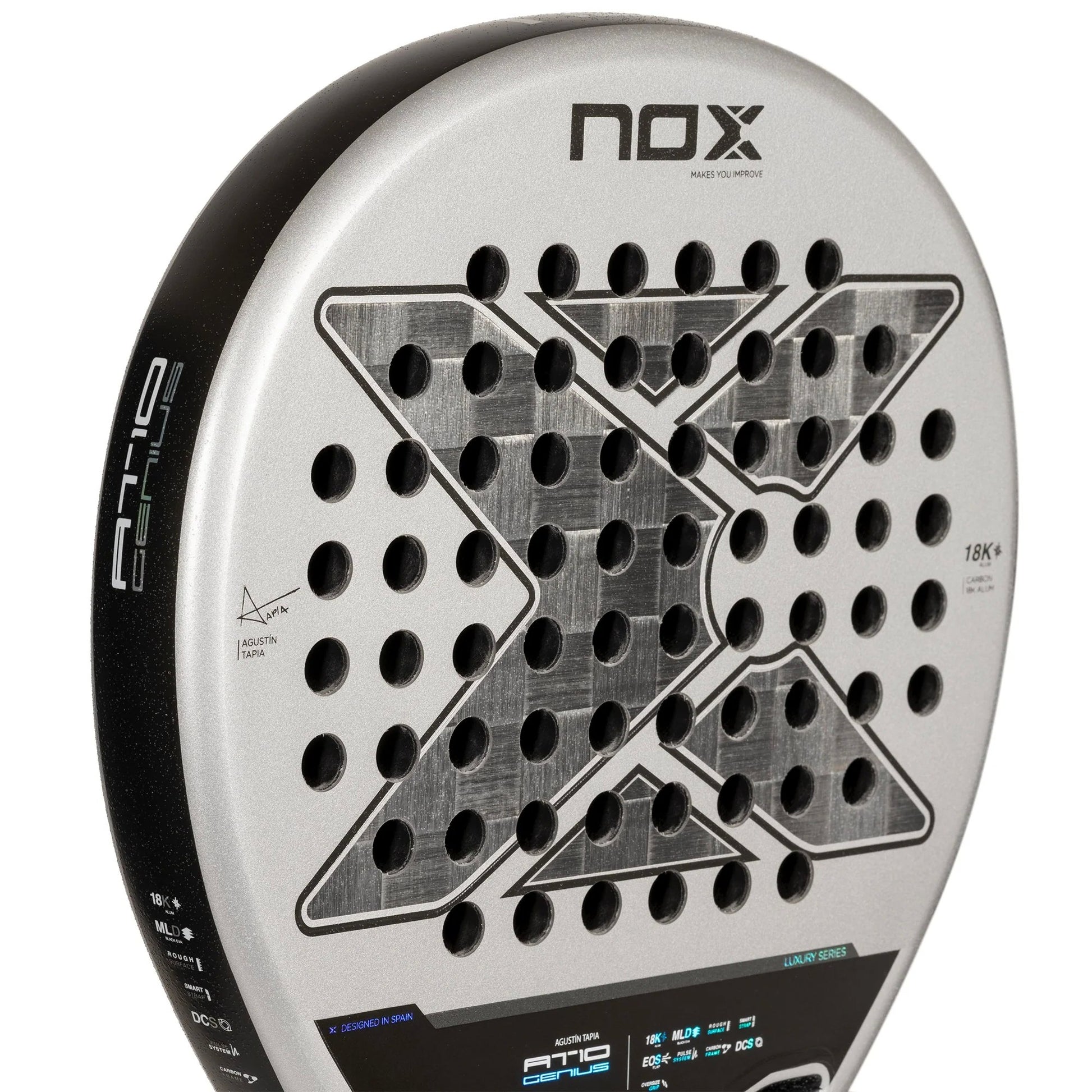 Top up-close view of the Nox at10 genius 18k padel racket in white and black.