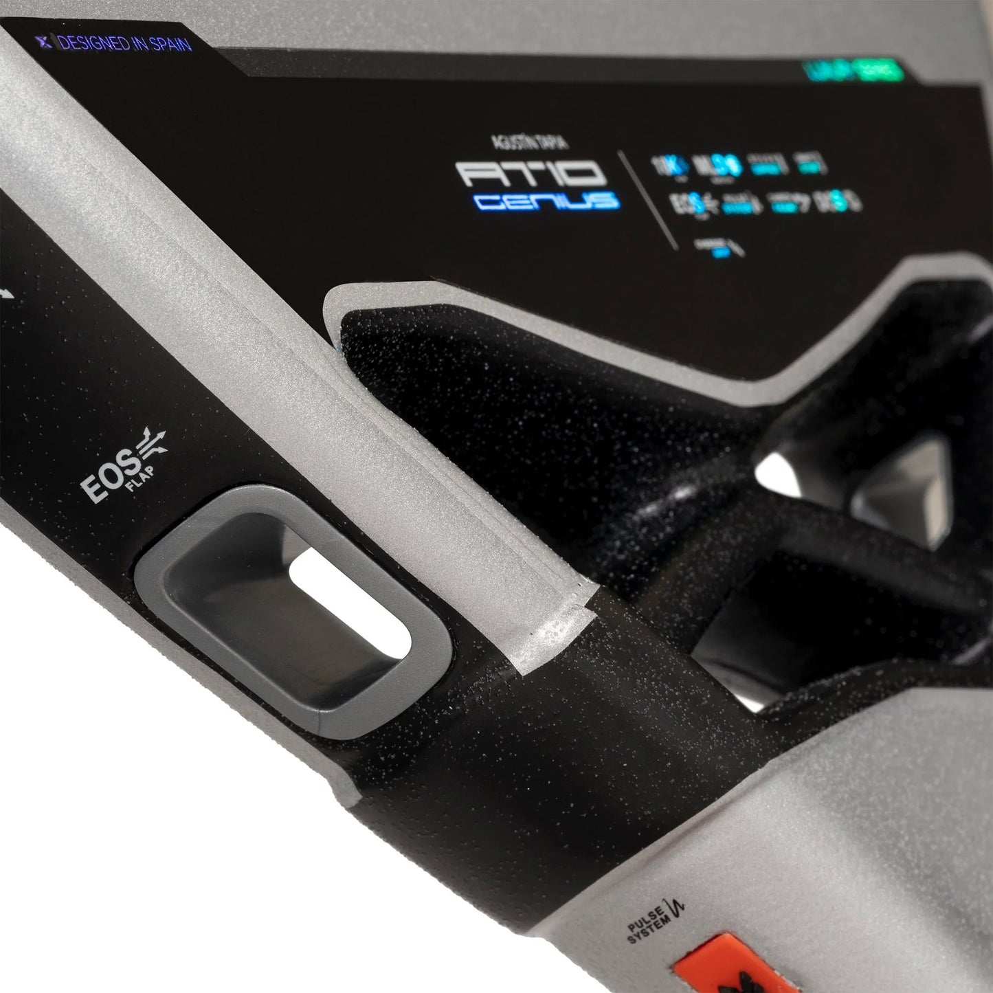 side middle up-close view of the Nox at10 genius 18k padel racket in white and black.