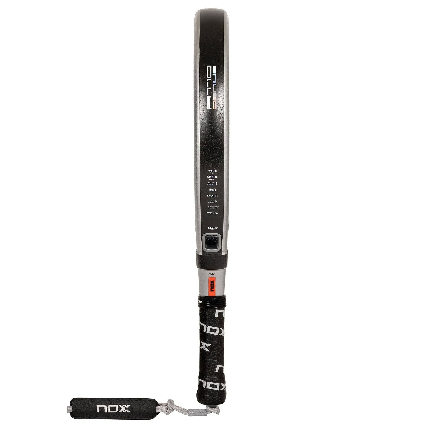 side view of the Nox at10 genius 18k padel racket in white and black.