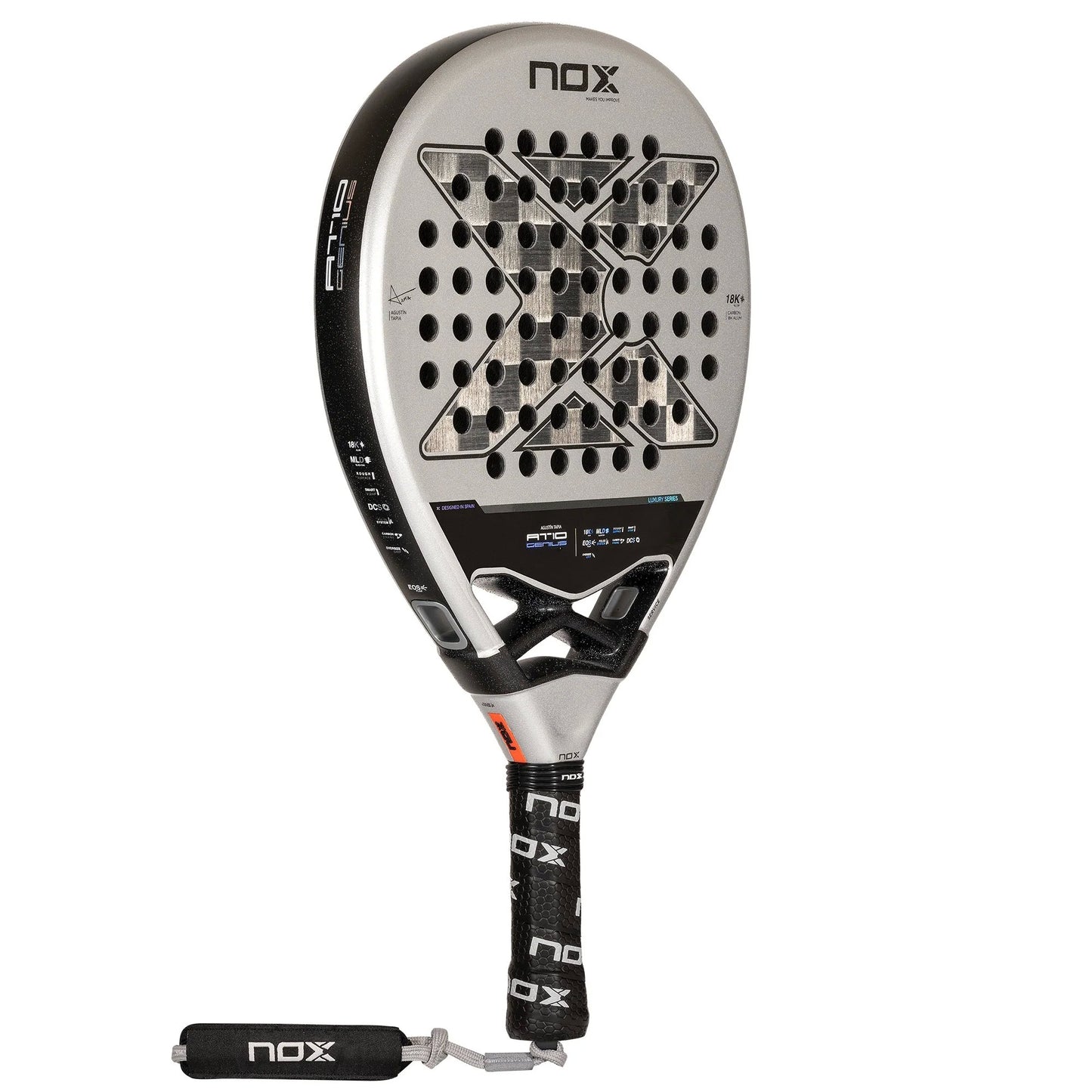 Side profile of the Nox at10 genius 18k padel racket in white and black.