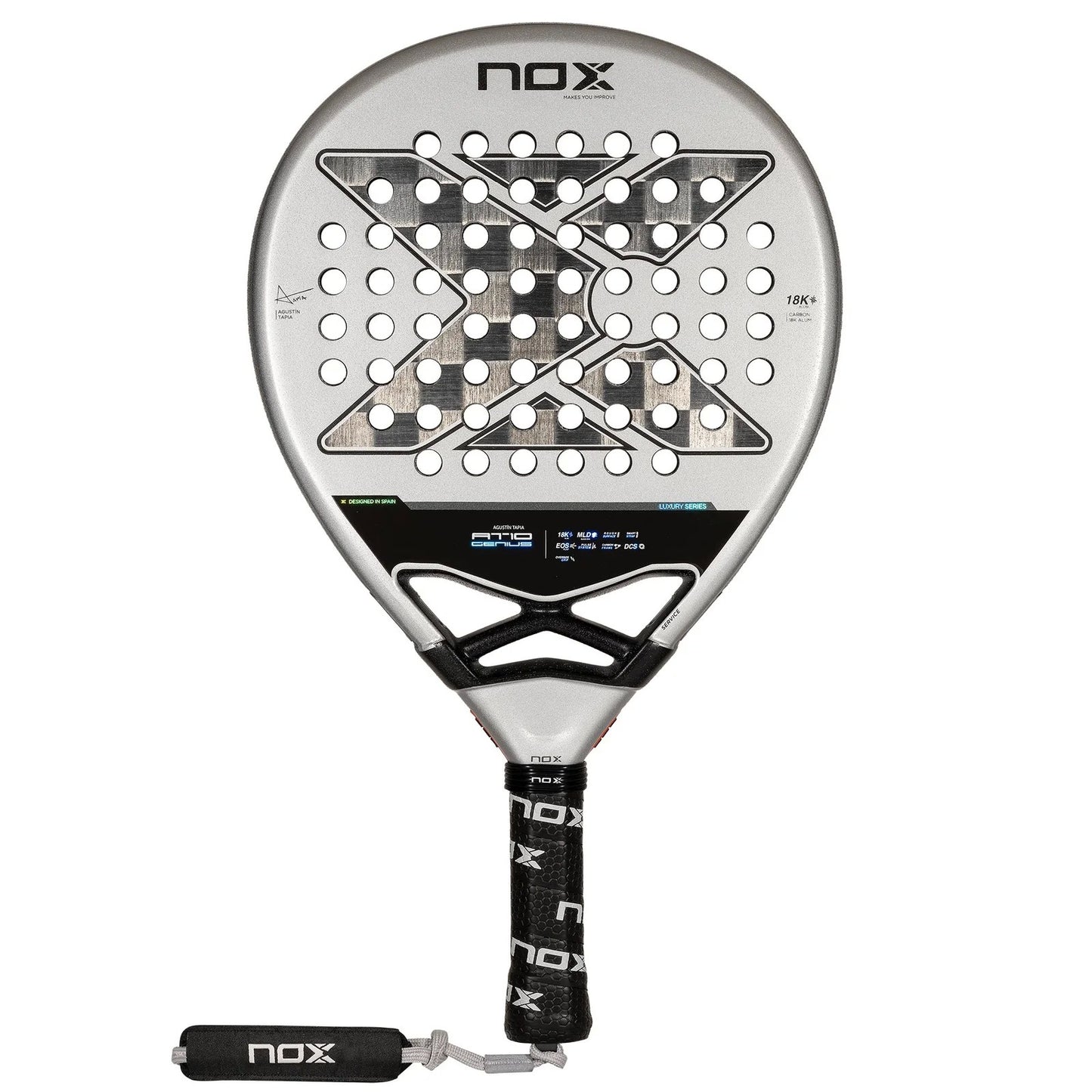 front view of the Nox at10 genius 18k padel racket in white and black.