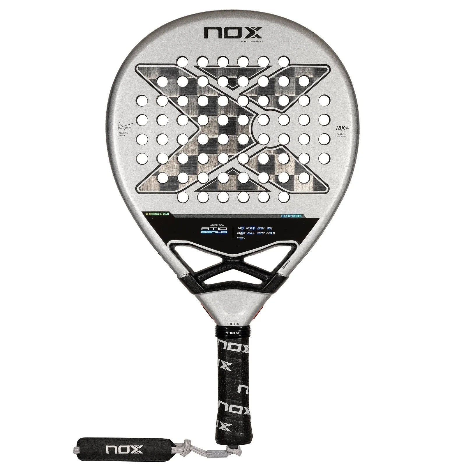 front view of the Nox at10 genius 18k padel racket in white and black.