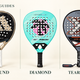 Three padel racket shapes side by side: round Adidas, diamond Bullpadel, and teardrop NOX.