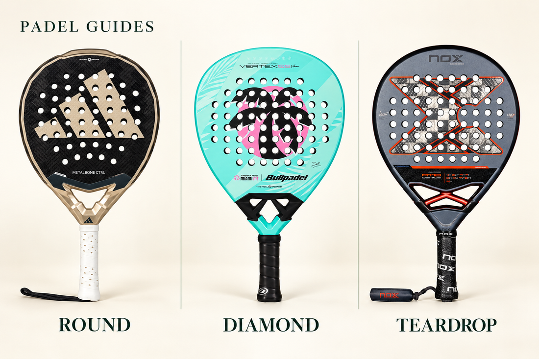 Three padel racket shapes side by side: round Adidas, diamond Bullpadel, and teardrop NOX.
