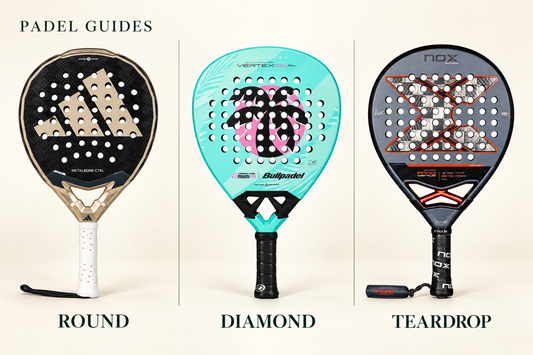 Three padel racket shapes side by side: round Adidas, diamond Bullpadel, and teardrop NOX.